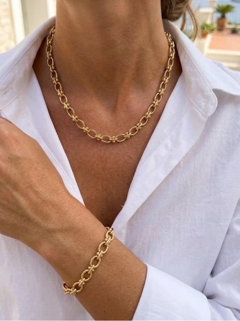 Gold Stainless Steel Chunky Oval Link Necklace SET Womens Jewelry